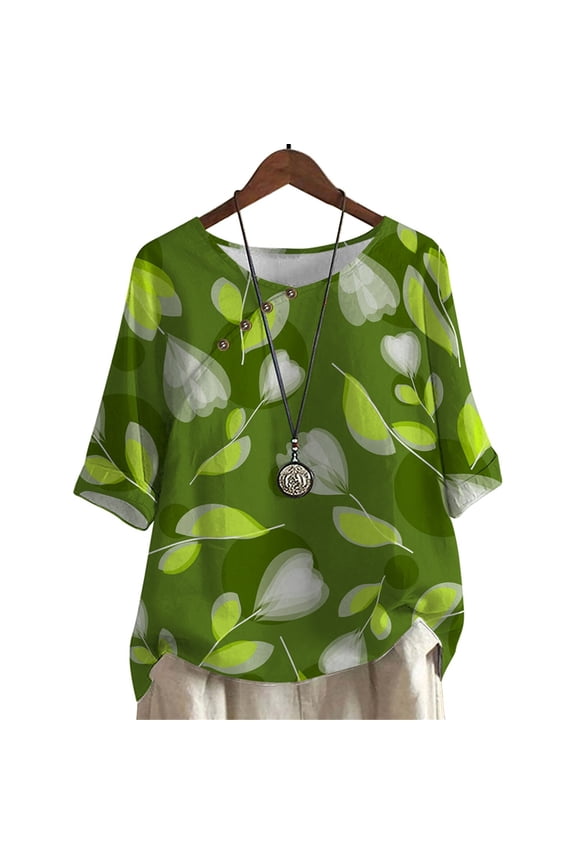 Women Casual T-Shirts Orchid Pattern Printing Mid Sleeve Tee Tops Plus Size Blouse