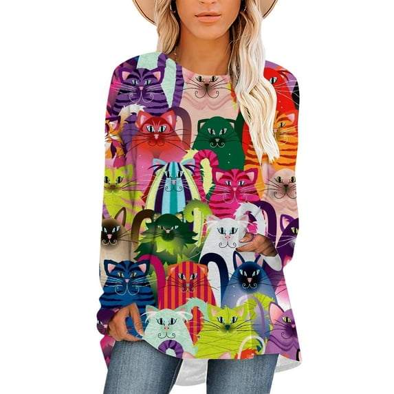CLOOCL Women Crew Neck T-Shirts Lovely Cats Printed Workout Wear Scoop Hem Top Oversized