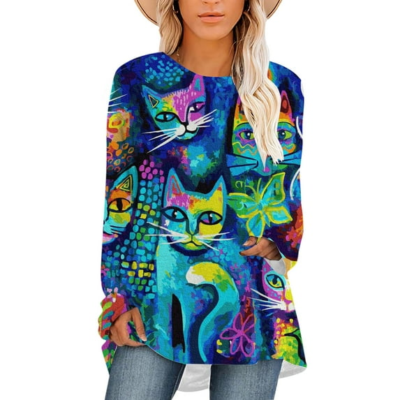 CLOOCL Women Long Sleeve Shirts Scoop Hem Top Cats Painting Printed T-Shirts Oversized