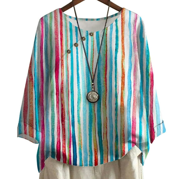 CLOOCL Women Plus Size Blouse Colored Lines Graphics Print Fall Casual Tops