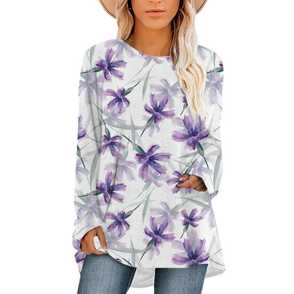 CLOOCL Women Plus Size Blouse Retro Lavender Pattern Print T-Shirt Long Sleeve Casual Female Loose Tops