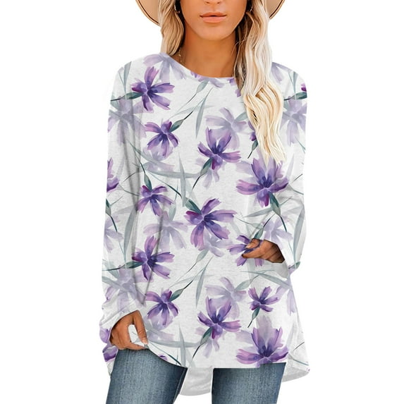 CLOOCL Women Plus Size Blouse Retro Lavender Pattern Print T-Shirt Long Sleeve Casual Female Loose Tops