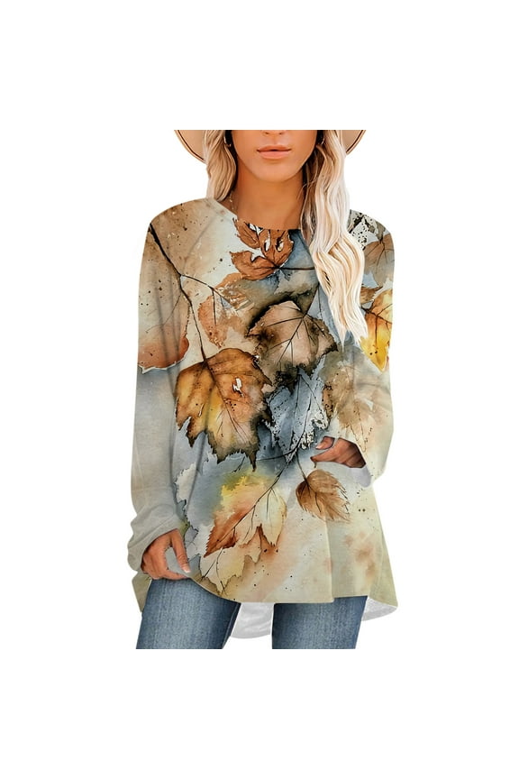 Women Plus Size Blouse Retro Maple Leaf Pattern Print T-Shirt Long Sleeve Casual Female Loose Tops