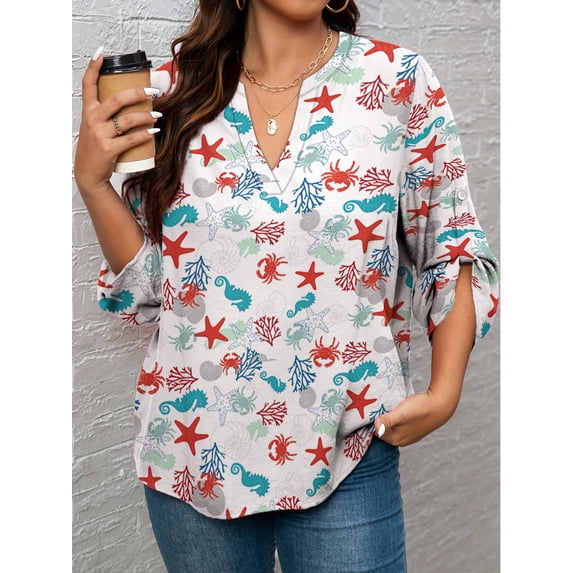 CLOOCL Women Plus Size Blouses Sea Urchin Graphic Printed V-Neck Long Sleeve Oversized T-Shirt Female Tops