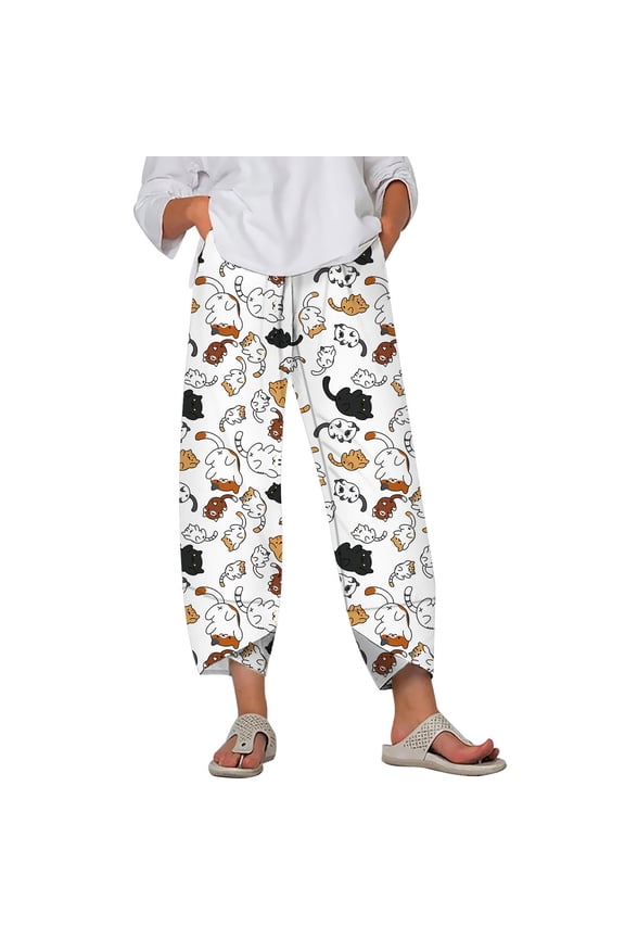 Women Plus Size Pants Animal Fat Cat Pattern 3D Printed Ankle Slit Pant Loose Oversize Female Trousers