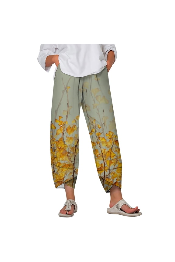 Women Plus Size Pants Retro Almond Blossom 3D Printed Ankle Slit Pant Loose Oversize Female Trousers