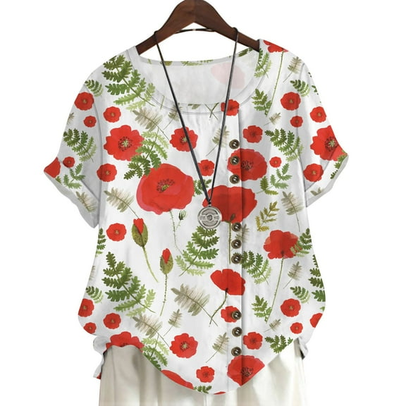 CLOOCL Women Plus Size T-Shirt Red Floral and Weed Printed Blouse Short Sleeve Summer Tops