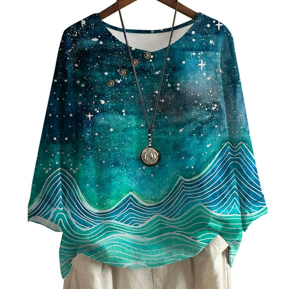 CLOOCL Women Plus Size T-Shirt The Stars Waves Graphics Print Long Sleeve Fashion Tops