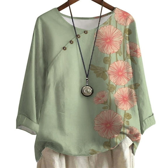 CLOOCL Women Plus Size T-shirt Crew Neck Tees Flower Vine Printed Long Sleev Casual Loose Tops