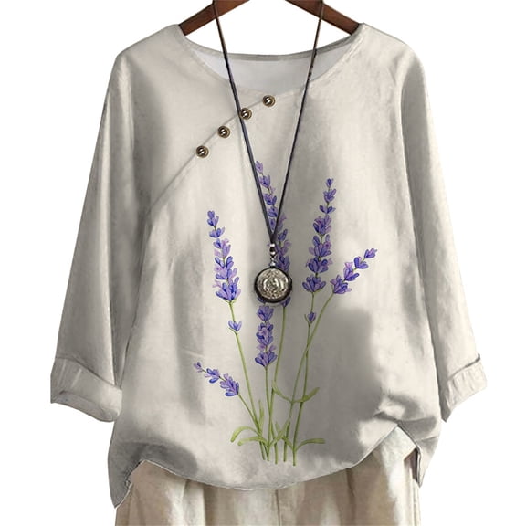 CLOOCL Women Plus Size Tops Lavender Print T-shirts Long Sleeve Retro Tees Casual Loose Blouse