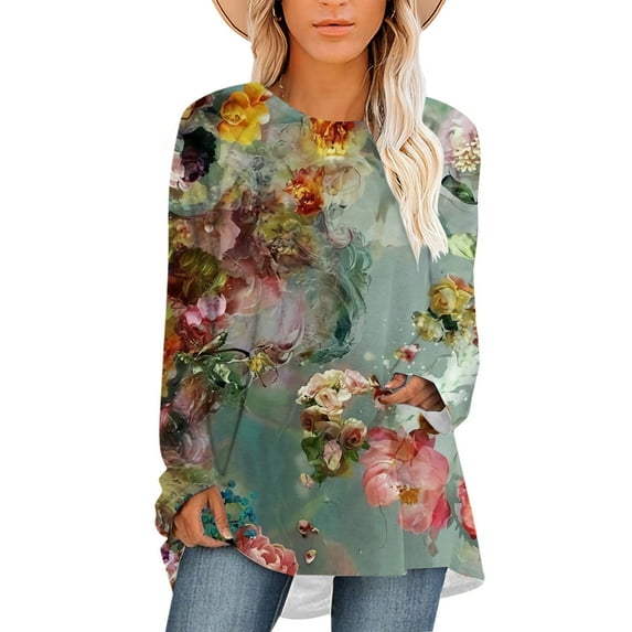 CLOOCL Women Plus Size Tops Vintage Rose Flower Pattern Print T-Shirt Long Sleeve Casual Female Loose Blouse