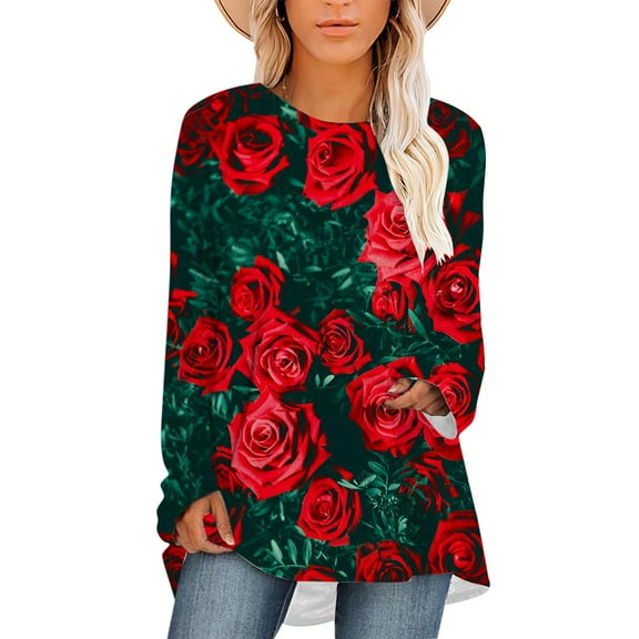 CLOOCL Women T-Shirt Afternoon Rose Print Oversized Tee Shirts Valentine's Day Gift