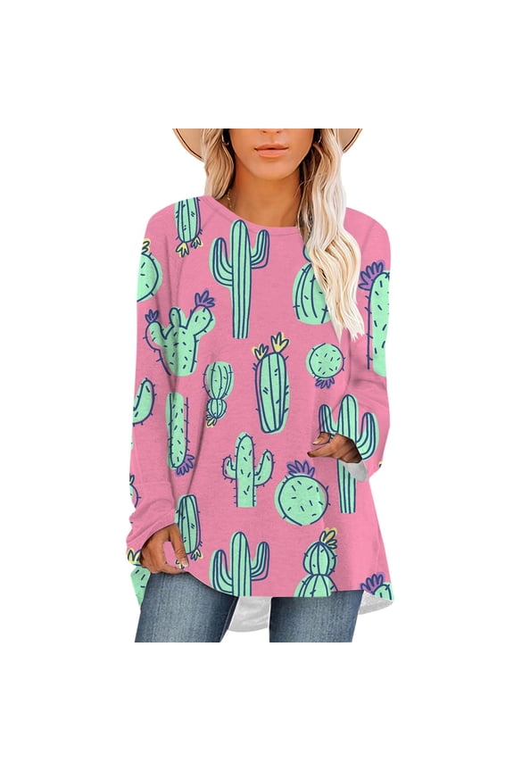 Women T-Shirt Cartoon Cactus Printed Oversized Tee Shirts Long Sleeves Lovely Tops