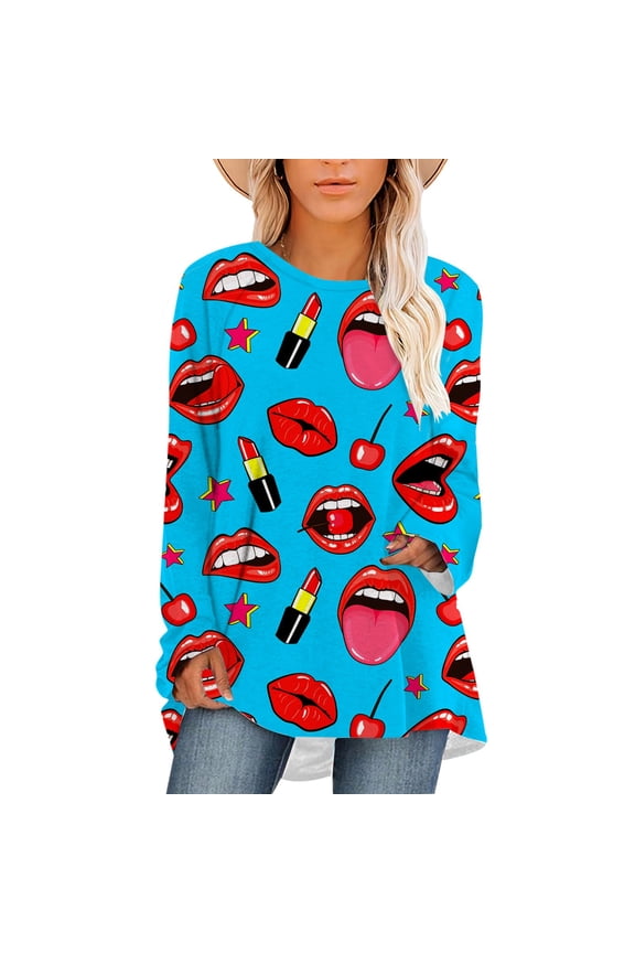 Women T-Shirt Cartoon Sexy Red Lips Print Tops Hip Hop Style Long Sleeve Shirts