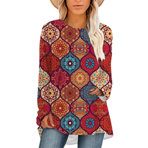CLOOCL Women T-Shirt Ethnic Style Navajo Print Tops Long Sleeve Oversized Casual Shirts