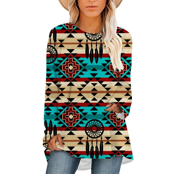CLOOCL Women T-Shirt Navajo Print Shirts Long Sleeve Tee Ethnic Style Oversized Tops