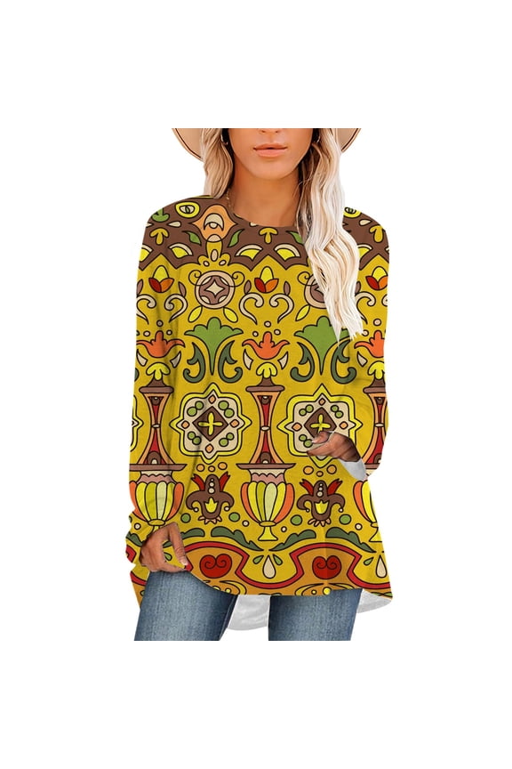 Women T-Shirt Retro Ethnic Pattern Print Oversized Tops Long Sleeve Crew Neck Shirts