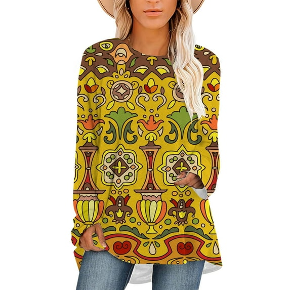 CLOOCL Women T-Shirt Retro Ethnic Pattern Print Oversized Tops Long Sleeve Crew Neck Shirts