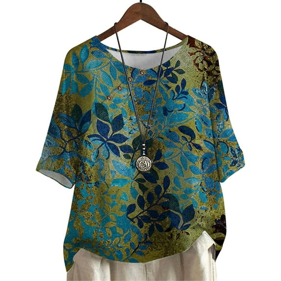 CLOOCL Women T-Shirt Retro Leaves Printing Mid Sleeve Tee Tops Plus Size Blouse