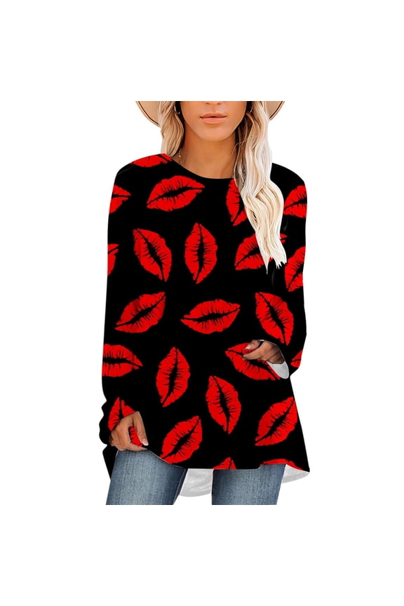 Women T-Shirt Sexy Red Lips Print Tops Long Sleeve Tee Valentine's Day Gift Plus Size Shirts