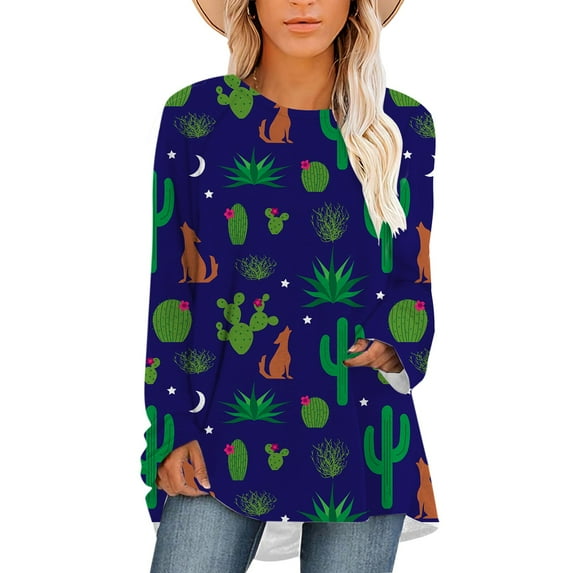 CLOOCL Women T-Shirt Simple Cactus Print Shirts Long Sleeve Tee Tops Oversized