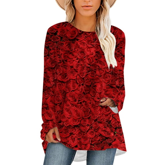 CLOOCL Women T-Shirt Valentine's Rose Print Long Sleeve Oversized Tee Shirts Gift