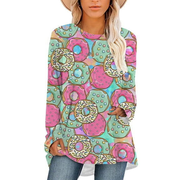 CLOOCL Women T-Shirts Long Sleeve Tops Doughnut Printed Shirt Plus Size