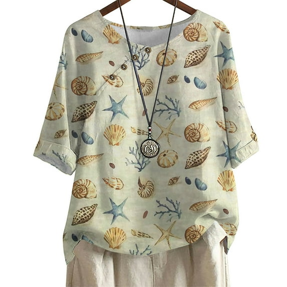 CLOOCL Women's plus size T-shirt Conch Graphic Print Loose Crew Neck Short-sleeved Tops