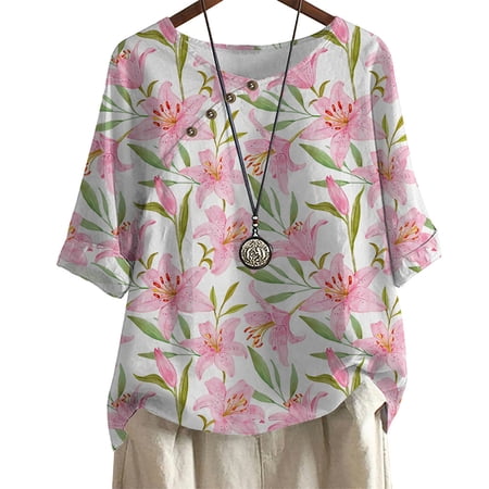 CLOOCL Women's plus size T-shirt Pink Lily Print Crew Neck Casual Short Sleeve Blouse Oversized Tops