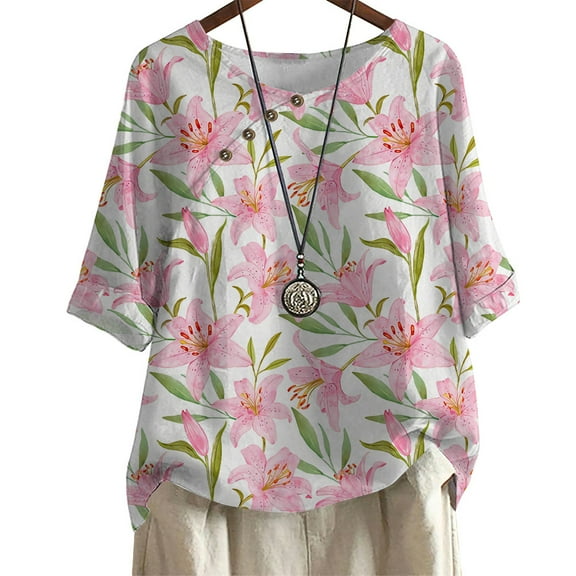CLOOCL Women's plus size T-shirt Pink Lily Print Crew Neck Casual Short Sleeve Blouse Oversized Tops