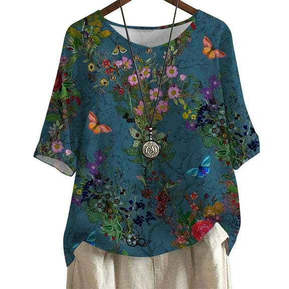 CLOOCL Women's plus size T-shirt Round Neck Vintage Floral Print Casual Short-sleeved Blouse Oversized Tops
