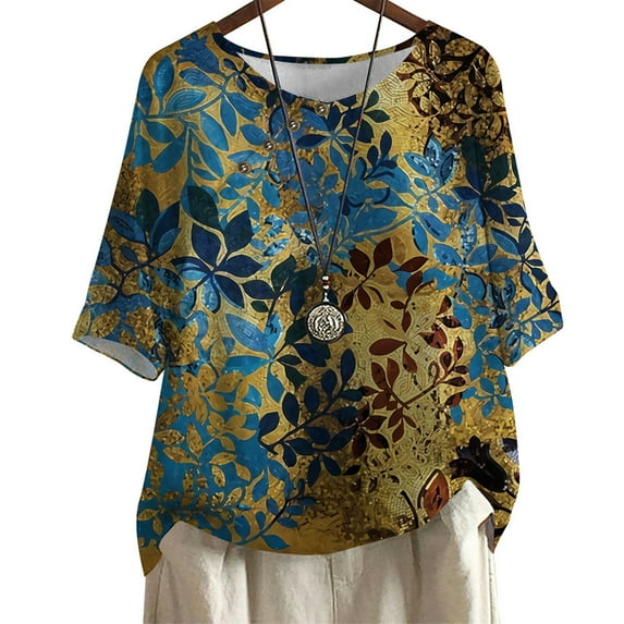CLOOCL Women's plus size T-shirt Vintage Bronzing Leaf Print Blouse Loose Casual Female Party Oversized Tops