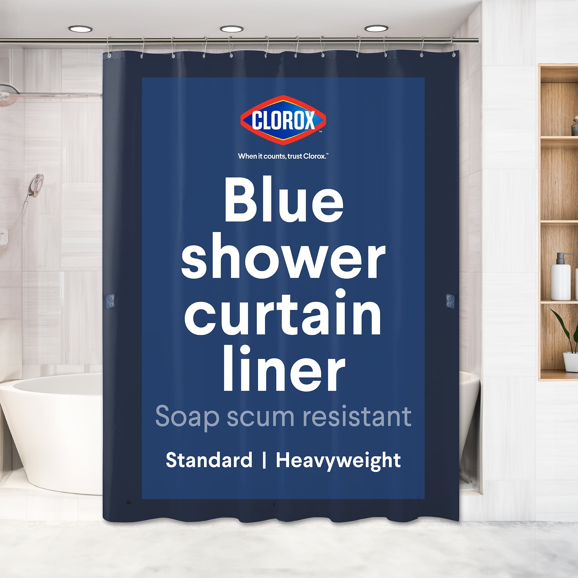 Clorox Shower Curtain Liner Heavyweight Waterproof PEVA with Metal Grommets 72" x 72" Blue