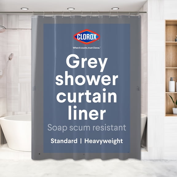 Clorox Shower Curtain Liner Heavyweight Waterproof PEVA with Metal Grommets 72" x 72" Grey