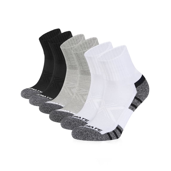 CLOSEMATE 6 Pairs Mens Ankle Athletic Socks Cushioned Running Sports Cotton Quarter Socks(2Black 2White 2Grey, Size L)