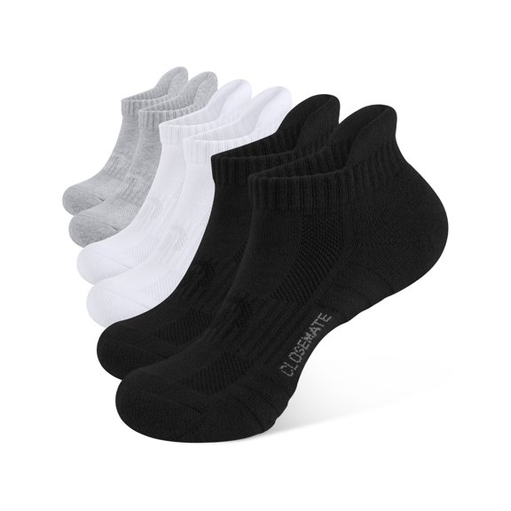 CLOSEMATE Athletic Running Ankle Socks for Men & Women Cushioned Breathable Low Cut Tab Socks with Arch Support 6 Pairs(2Black 2White 2Light Grey,L)