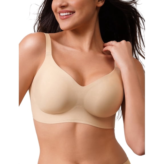 CLOSEMATE Womens Comfortable Seamless Bras No Underwire V Neck Buttery Soft Push Up Wireless Bralettes for Tshirt(Nude, Size Medium)