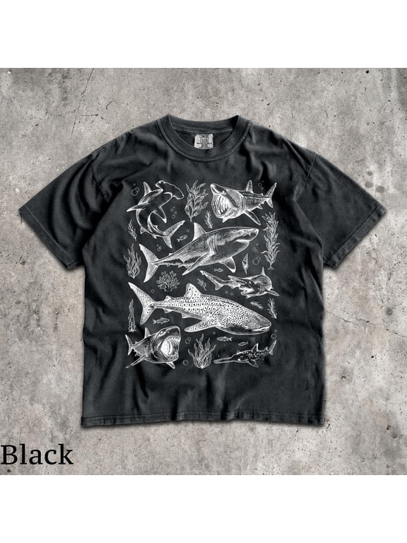 90s Ocean Sharks T-Shirt - Men & Women's Unisex Graphic Tee - Vintage Marine Wildlife Shirt - Great White - Hammerhead - Whale Shark Shirt, Black S