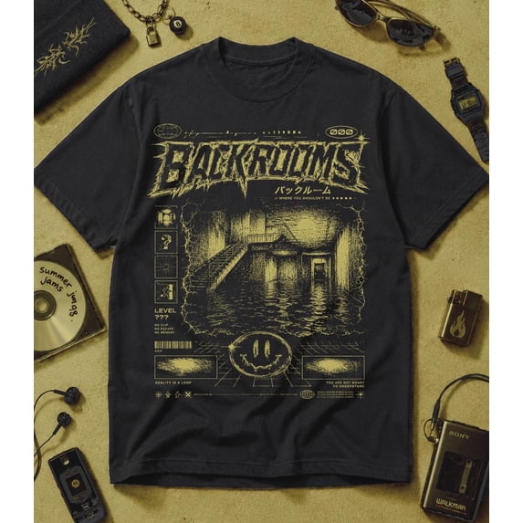 CLOTEX Backrooms Movie Shirt, Vintage Y2K Horror, Liminal Space Graphic Tee, Retro Found Footage, Moss XL