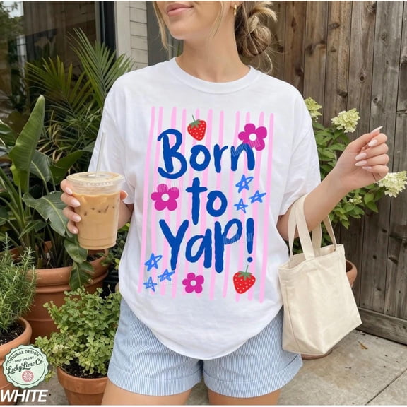 CLOTEX Born To Yap Shirt, Spring Vibes Funny Mama T Shirt, Girly Striped Design, Trendy Women Humor Graphic Tee, White S