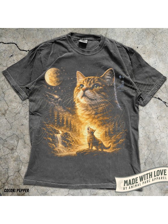Cat Howling to the Moon T-Shirt, 90s Full Moon Animals Tee, Cute Kitten Graphic Tee, Cat Mom Gift, Retro Tiger Cat Shirt Comfort Colors, Graphite L