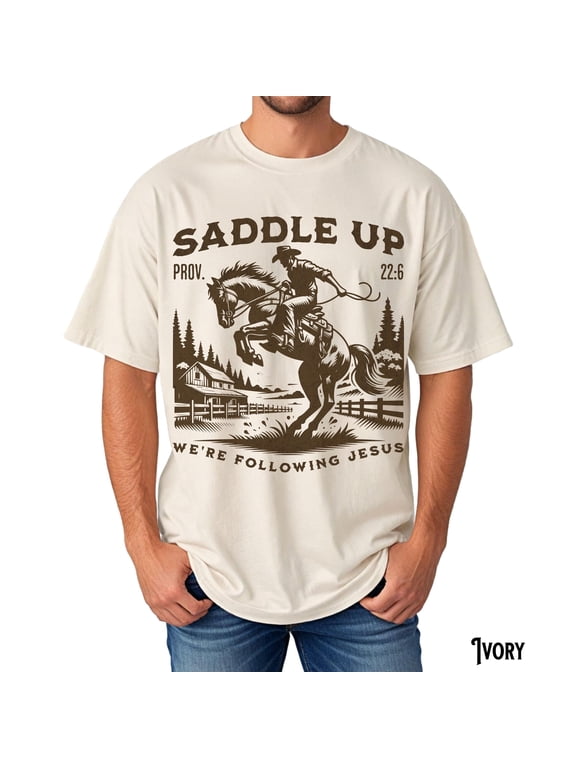 Comfort Colors Christian Dad T-Shirt, Unisex Garment-Dyed Tee, Saddle Up, Western Cowboy Shirt, Men's Religious Youth Group Leader Shirt, Ivory XL