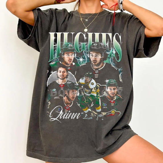 CLOTEX Comfort Colors® Quinn Hughes Hockey Collage Graphic Shirt Retro Sports Fan Tee, Denim M