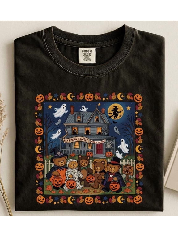 Comfort Colors® Vintage Halloween Teddy Bear Shirt, Retro Trick or Treating Bears Shirt or Short Sleeve Tee, Ivory M