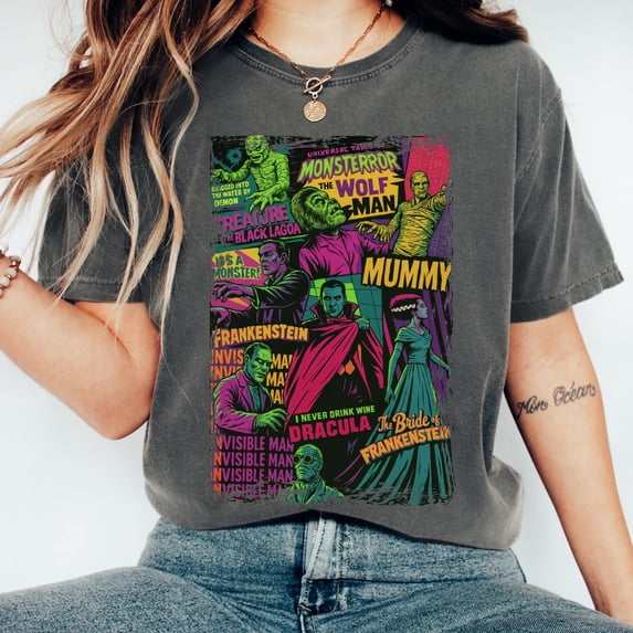 CLOTEX Comfort Colors® Vintage Universal Monsters T-Shirt, Retro Horror Movie Graphic Tee, 90s Gothic Horror Aesthetic Tee Big Print, Bay XL