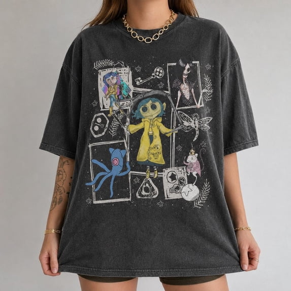 CLOTEX Coraline Halloween Shirt, Black Comfort Colors T-Shirt, Vintage Spooky Button Eye Graphic Tee, Wybie Other Mother Fan Gift Outfit Tee, Ivory S