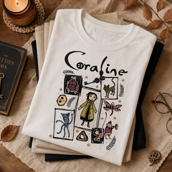 CLOTEX Coraline Halloween Shirt, Comfort Colors Ivory Tee, Button Eye Doll Graphic Gift for Horror Fans, Dark Fantasy Readers, Creepy Cute Tee, Black S