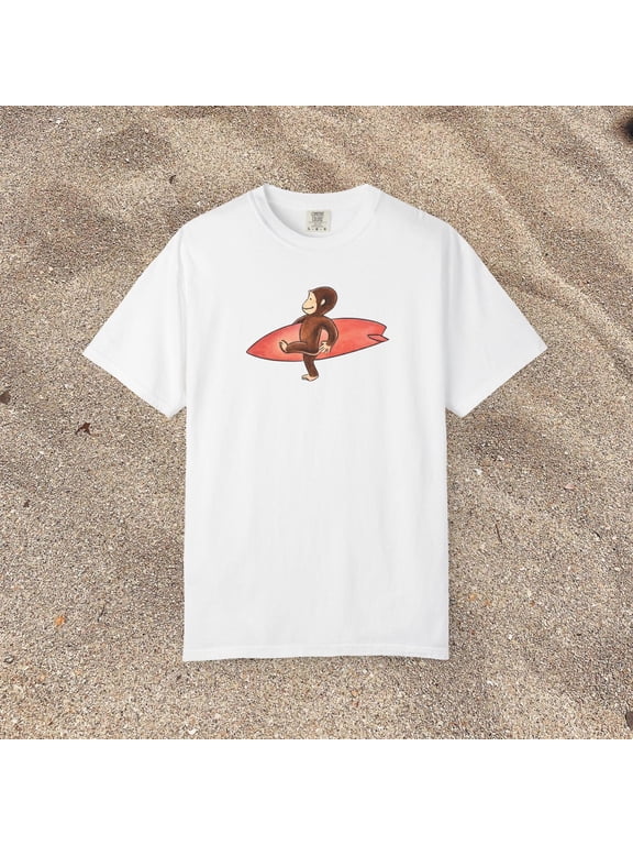 Curious George Surfing Monkey T-Shirt, Vintage Beach Graphic Tee, Summer Vacation Shirt, White S