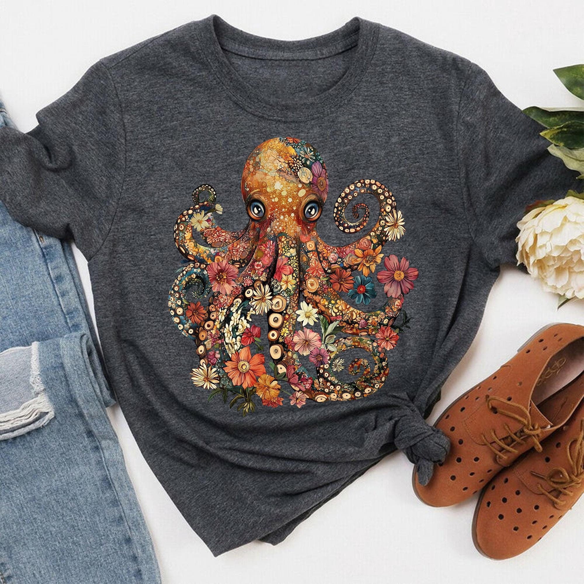 CLOTEX Floral Octopus Shirt: Retro Ocean Lover Tee, Sand XL - Walmart.com
