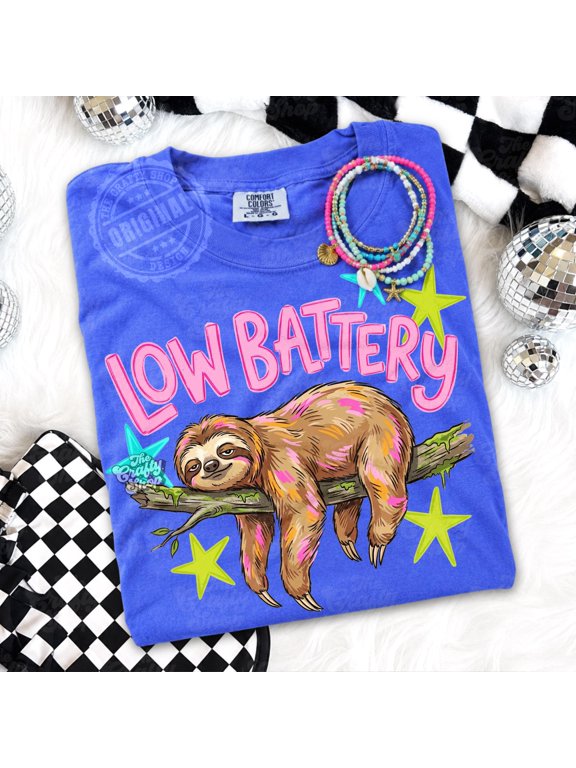 Funny Sloth Shirt Design, Low Battery Summer Shirt, Cute Lazy Animal Sublimation, Retro Preppy Sloth Graphic, Girly Vacation Tee, Black S